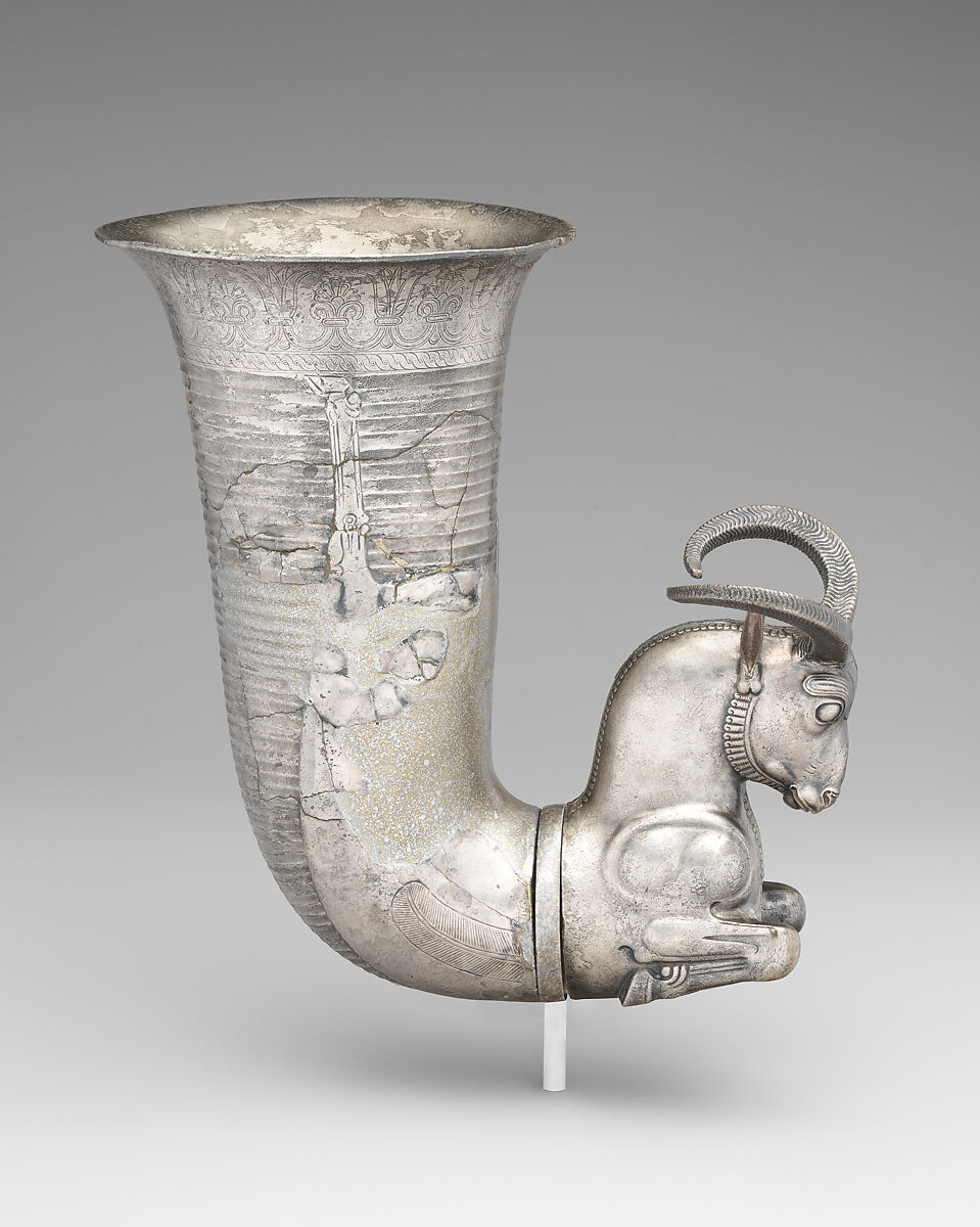 Rhyton terminating in the forepart of a ram, Silver, Achaemenid