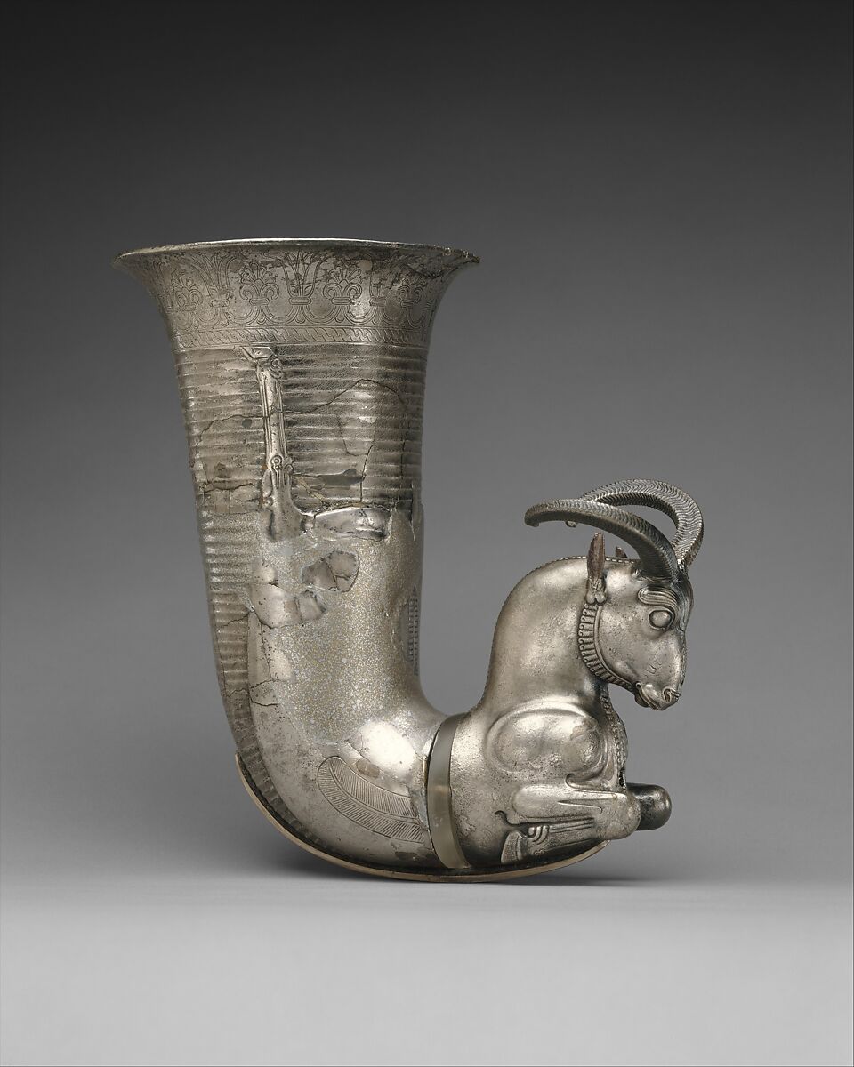 Rhyton terminating in the forepart of a ram, Silver, Achaemenid 