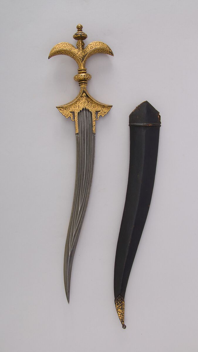 Dagger (Chilanum) with Sheath, Iron, gold, leather, Indian 