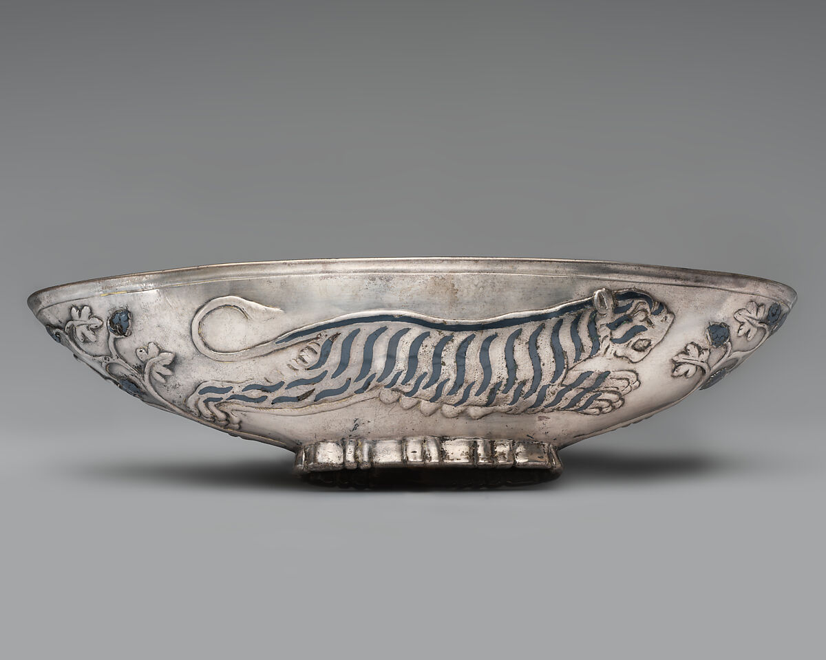 Oval bowl with running tigresses on each side, Silver, niello inlay, Sasanian