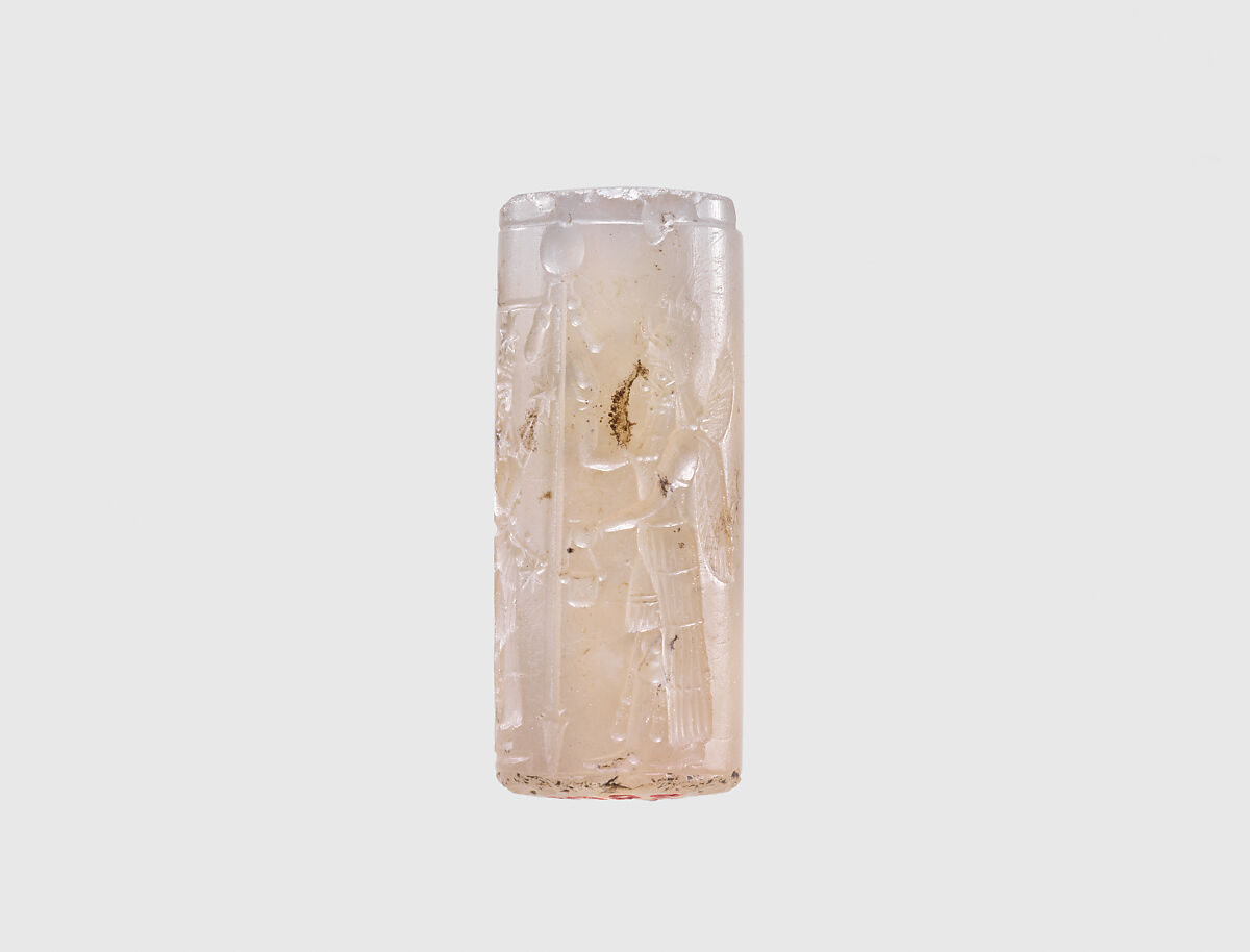 Cylinder seal with cultic scene, Flawed neutral Chalcedony (Quartz), Assyrian