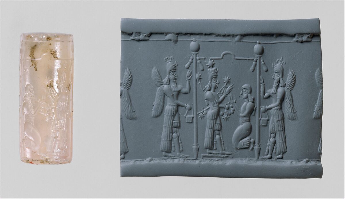 Cylinder seal with cultic scene, Flawed neutral Chalcedony (Quartz), Assyrian 