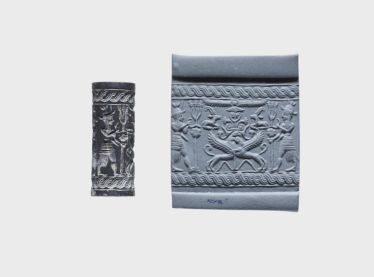 Cylinder seal and modern impression: weather gods framing heraldic griffins at tree below winged sun disc and ibexes, Hematite 