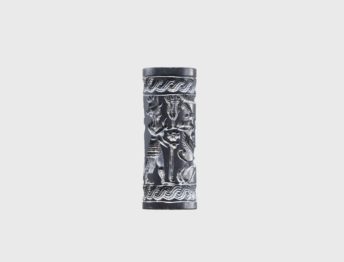 Cylinder seal and modern impression: weather gods framing heraldic griffins at tree below winged sun disc and ibexes, Hematite