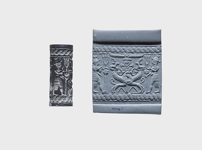Cylinder seal and modern impression: weather gods framing heraldic griffins at tree below winged sun disc and ibexes