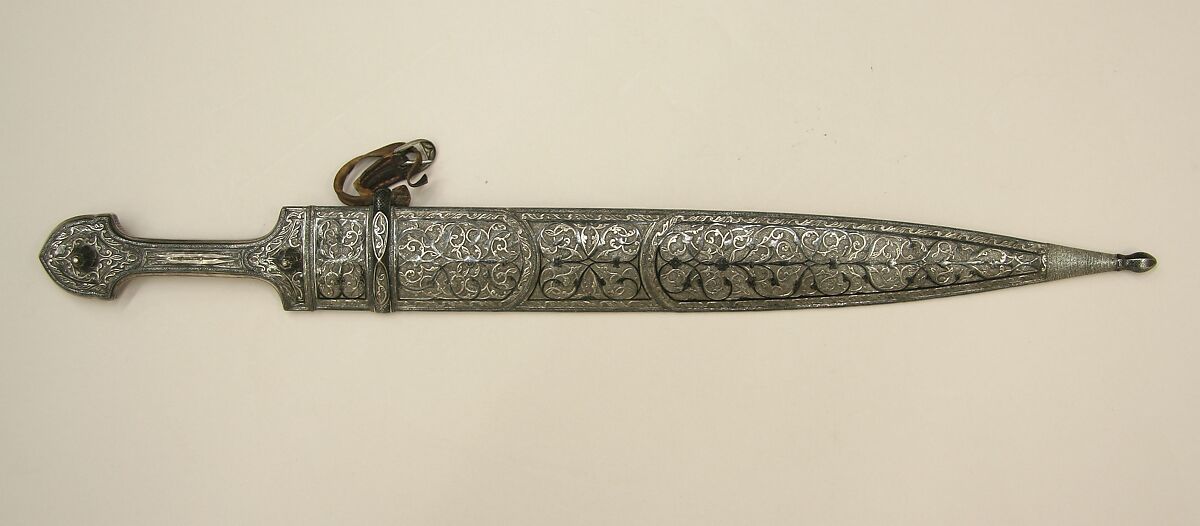 Dagger (Kindjal) with Scabbard, Steel, wood, silver, niello, Caucasian, possibly Kubachi, Dagestan