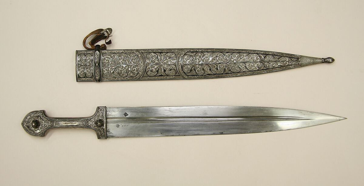 Dagger (Kindjal) with Scabbard, Steel, wood, silver, niello, Caucasian, possibly Kubachi, Dagestan 