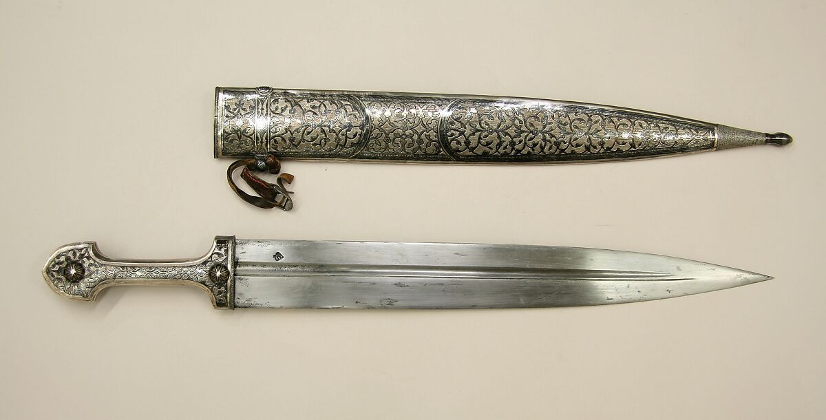 Dagger (Kindjal) with Scabbard, Steel, wood, silver, niello, Caucasian, possibly Kubachi, Dagestan