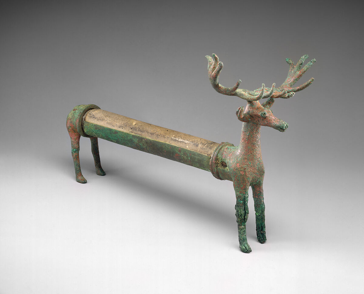 Whetstone in the form of a stag, Bronze, stone 