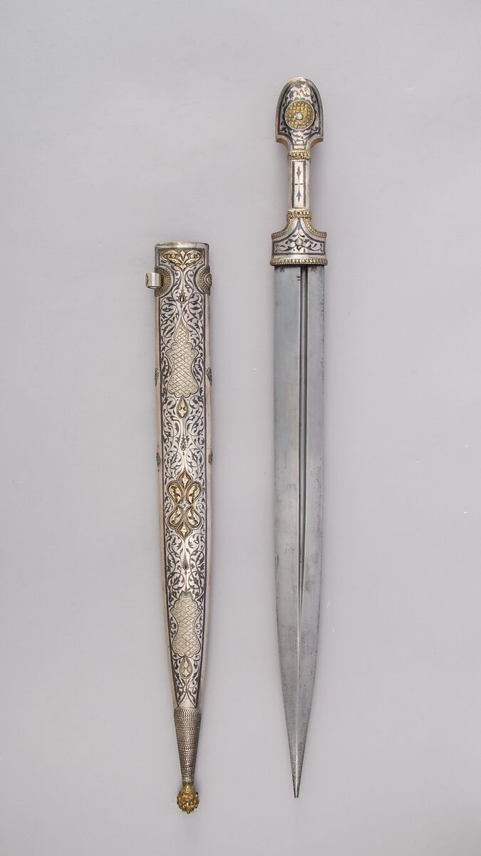 Dagger with Sheath, Steel, silver, niello, gold, Caucasian