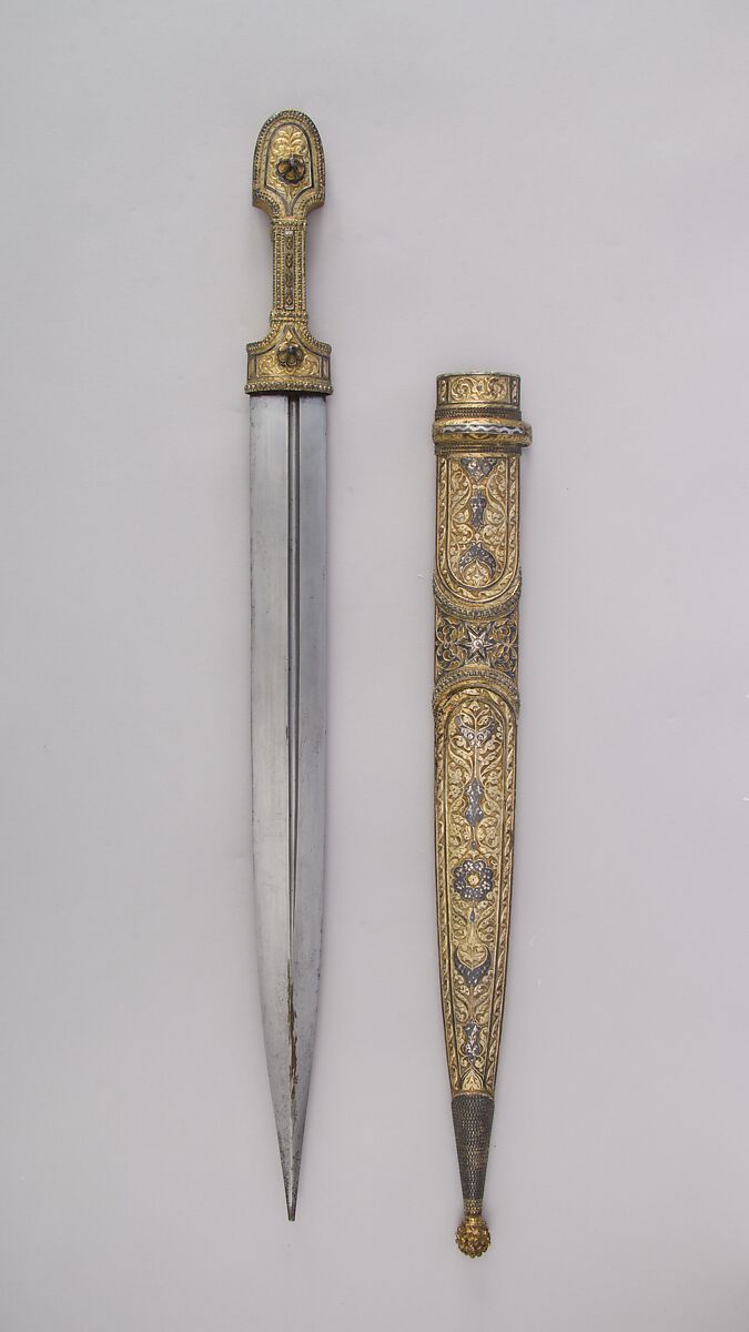 Dagger with Sheath, Steel, silver, niello, gold, Caucasian 