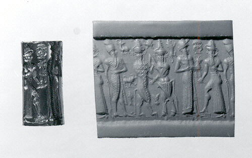 Cylinder seal and modern impression: worshiper and the sun god; king; bull-man and a lion-man, Hematite, Babylonian