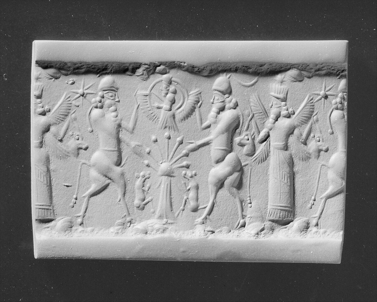 Cylinder seal with cultic scene, Flawed neutral Chalcedony (Quartz), Assyro-Babylonian 
