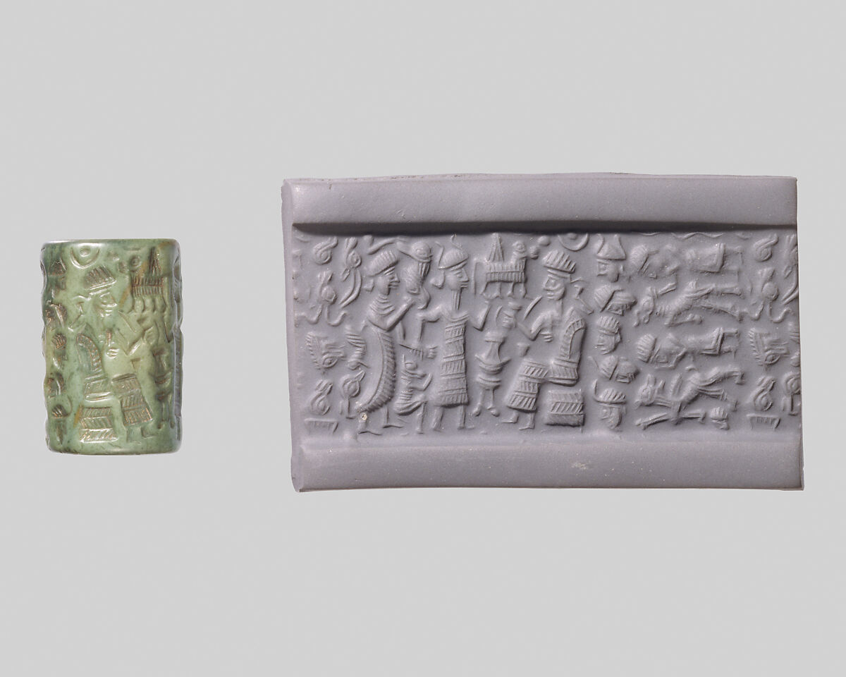 Cylinder seal and modern impression: goddess leading a worshiper to a seated deity; bull god, Quartzite, Old Assyrian Trading Colony 