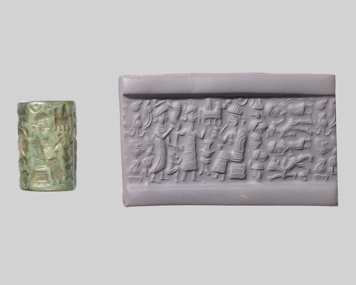 Cylinder seal and modern impression: goddess leading a worshiper to a seated deity; bull god, Quartzite, Old Assyrian Trading Colony