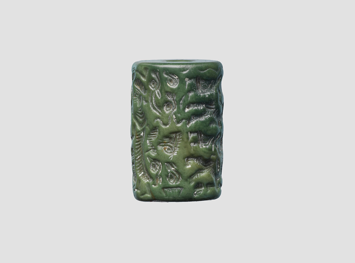 Cylinder seal and modern impression: goddess leading a worshiper to a seated deity; bull god, Quartzite, Old Assyrian Trading Colony