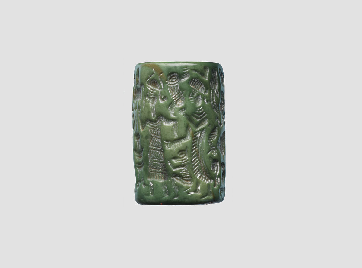Cylinder seal and modern impression: goddess leading a worshiper to a seated deity; bull god, Quartzite, Old Assyrian Trading Colony