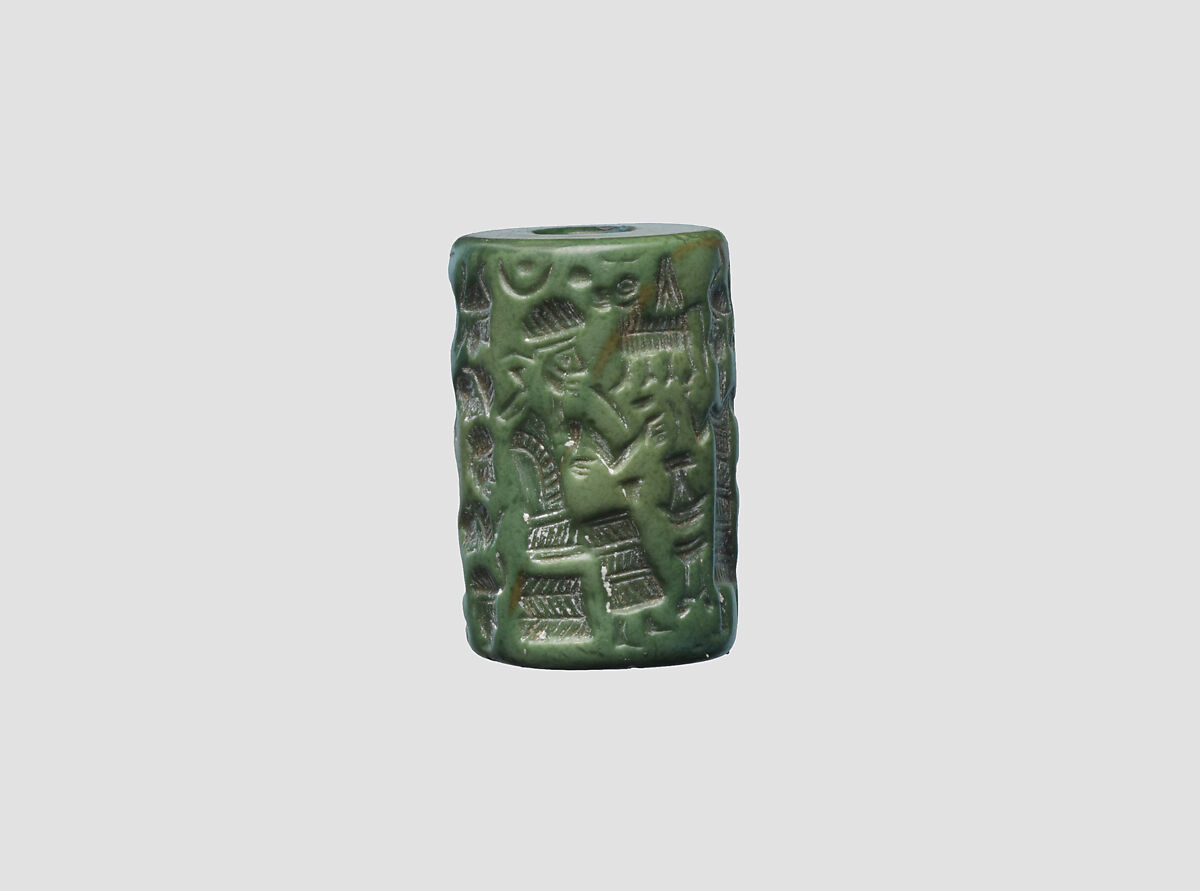 Cylinder seal and modern impression: goddess leading a worshiper to a seated deity; bull god, Quartzite, Old Assyrian Trading Colony