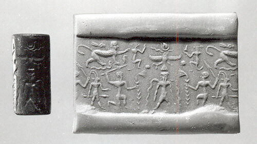 Cylinder seal and modern impression: bearded deity flanked by kneeling heroes; Horus and monkeys; ibex-demon; sphinx trampling serpents