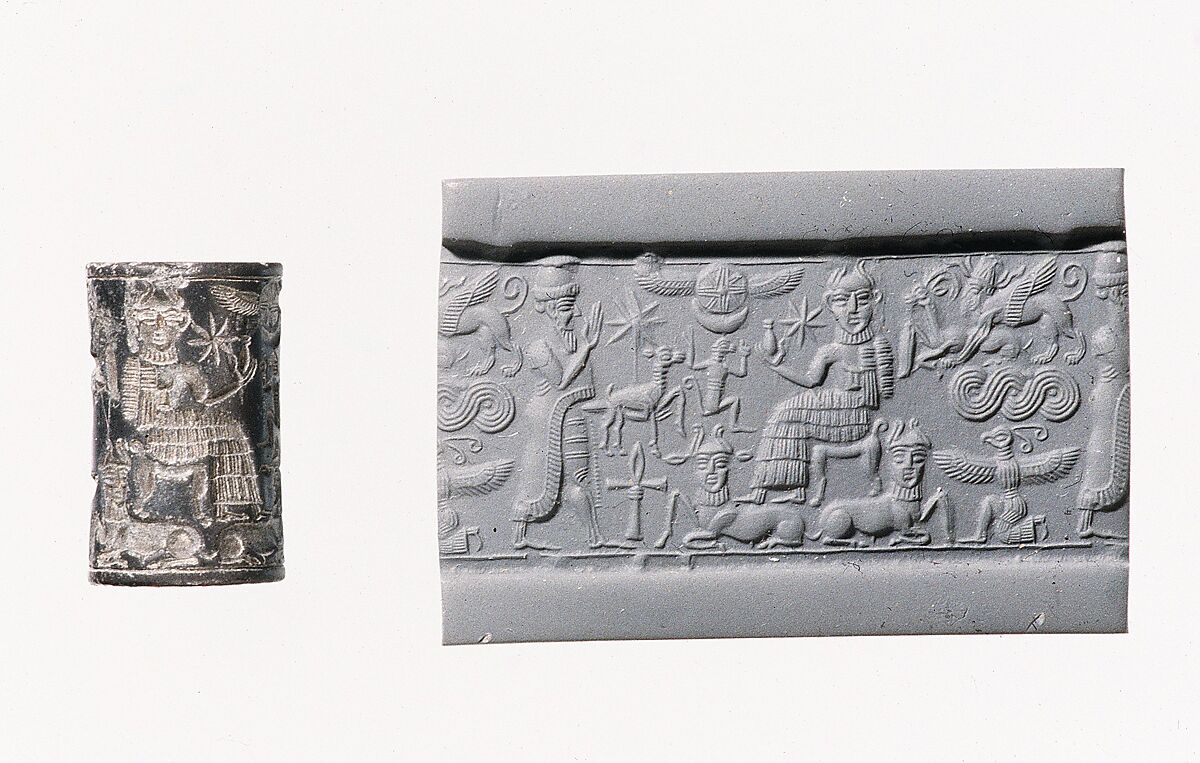 Cylinder seal and modern impression: royal worshiper before a god on a throne; human-headed bulls below