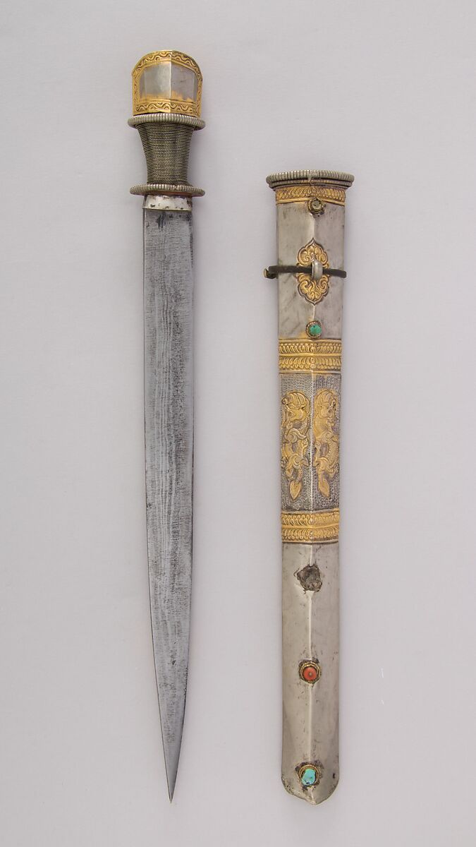 Dagger with Sheath, Steel, silver wire, silver, gold, coral, turquoise, gemstone, Bhutanese or Sikkimese 