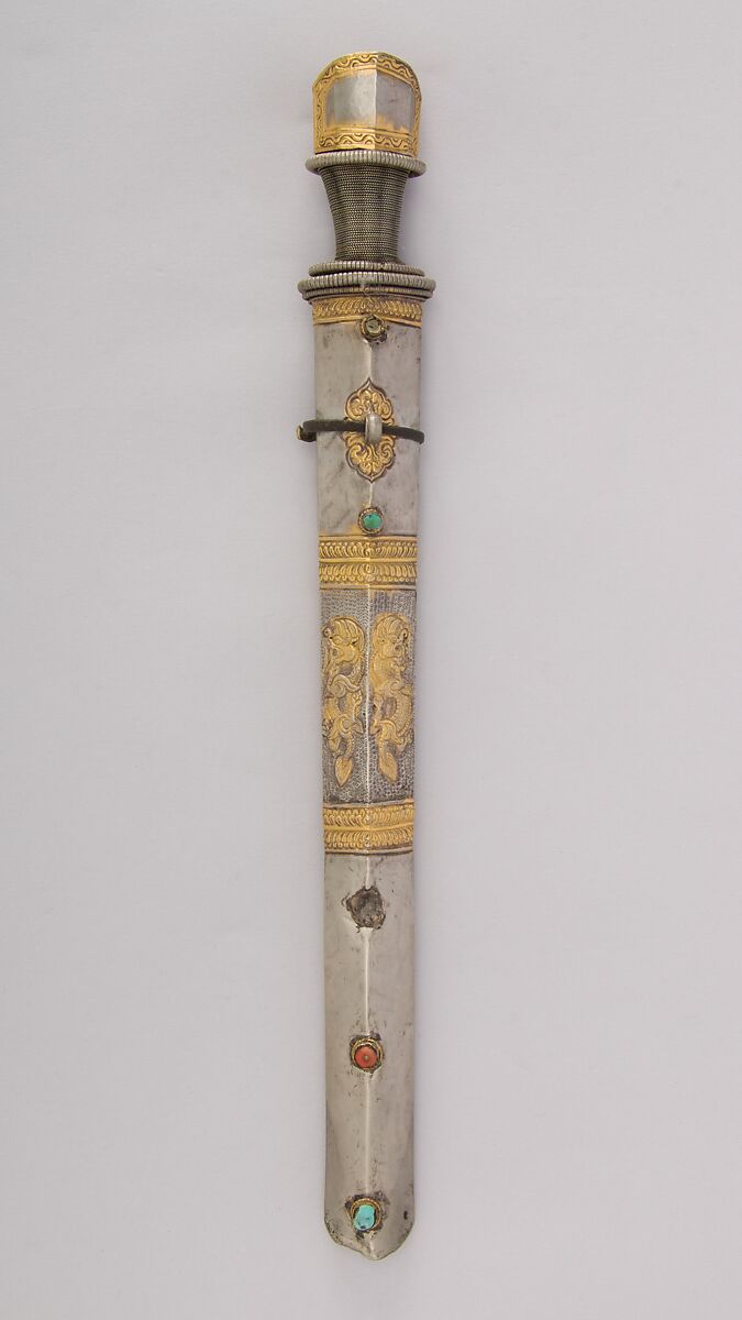 Dagger with Sheath, Steel, silver wire, silver, gold, coral, turquoise, gemstone, Bhutanese or Sikkimese