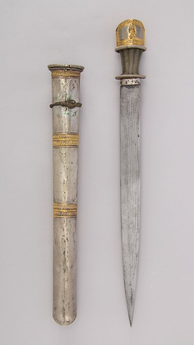 Dagger with Sheath, Steel, silver wire, silver, gold, coral, turquoise, gemstone, Bhutanese or Sikkimese