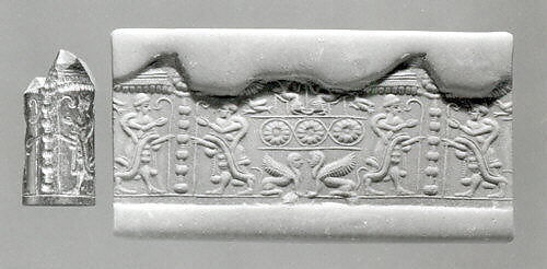 Cylinder seal and modern impression: royal figures flanking a standard; sphinxes
