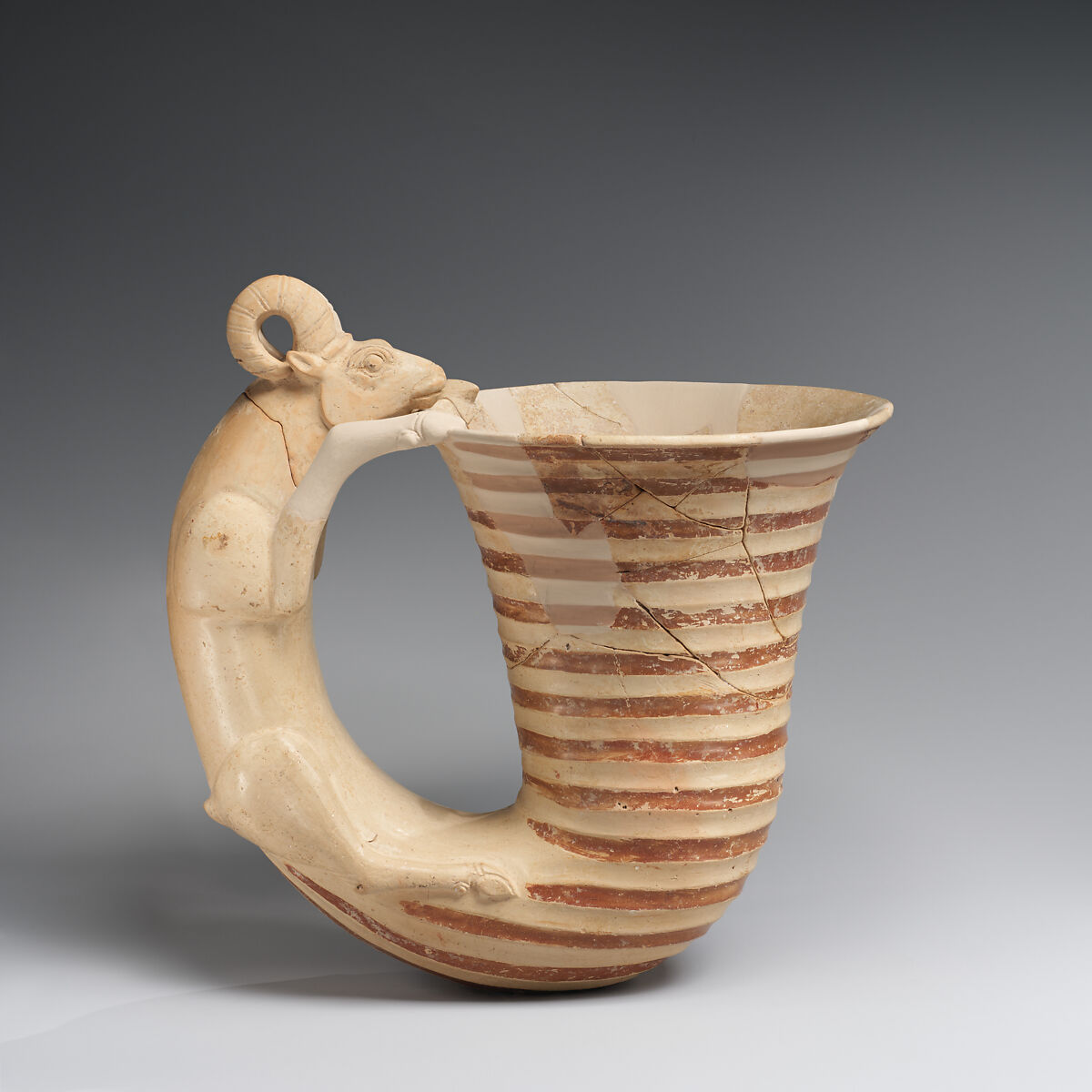 Vessel with a handle in the form of a ram, Ceramic, paint, Iran 