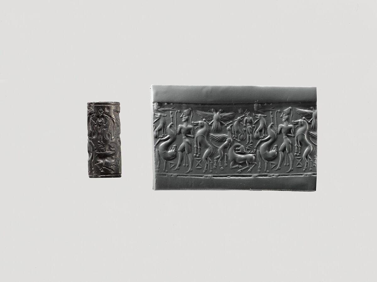 Cylinder seal and modern impression: hunter holding a lion; griffin attacking a stag; Master of Animals; double-headed eagle, Hematite 