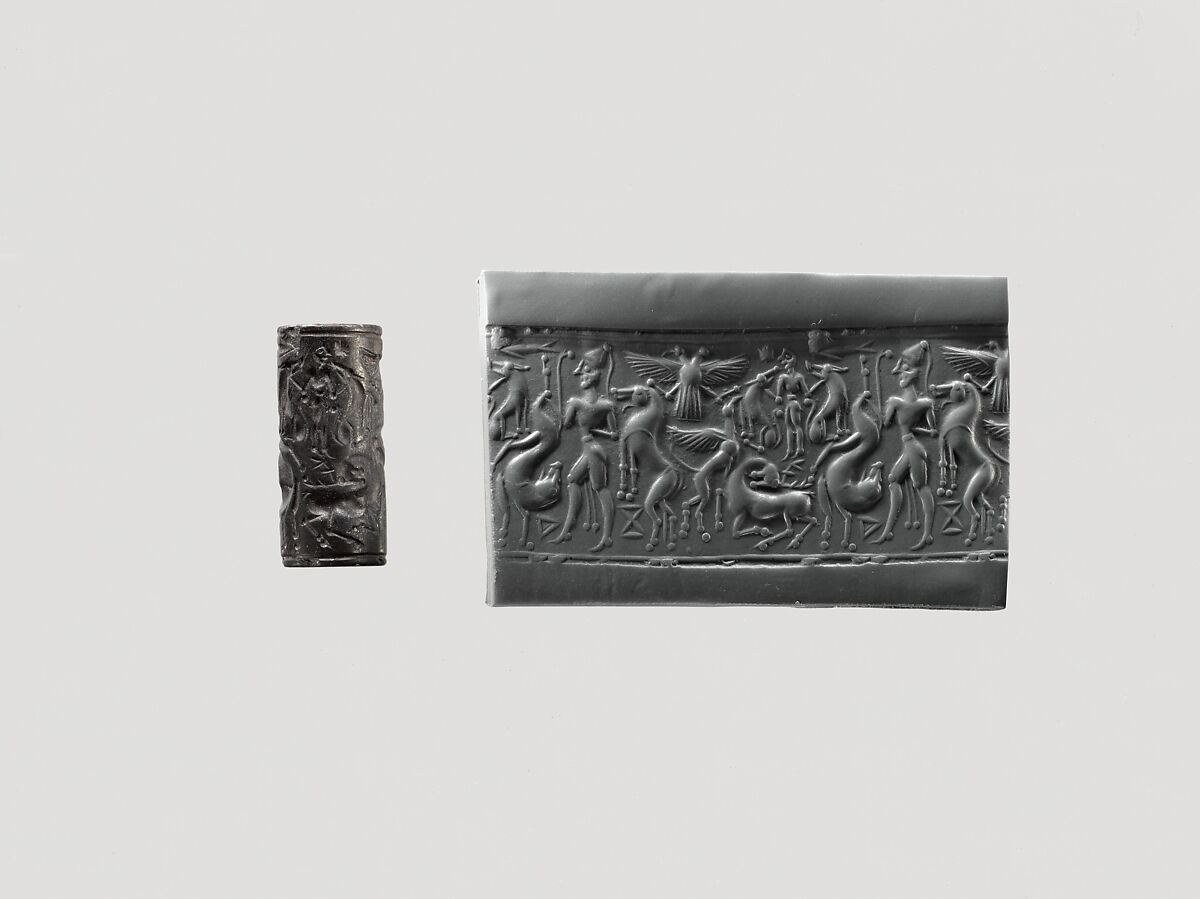 Cylinder seal and modern impression: hunter holding a lion; griffin attacking a stag; Master of Animals; double-headed eagle, Hematite