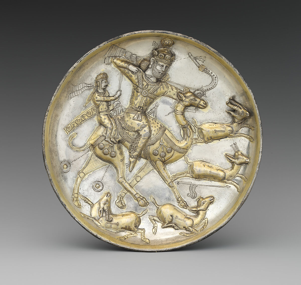Plate with a hunting scene from the tale of Bahram Gur and Azadeh, Silver, mercury gilding, Sasanian