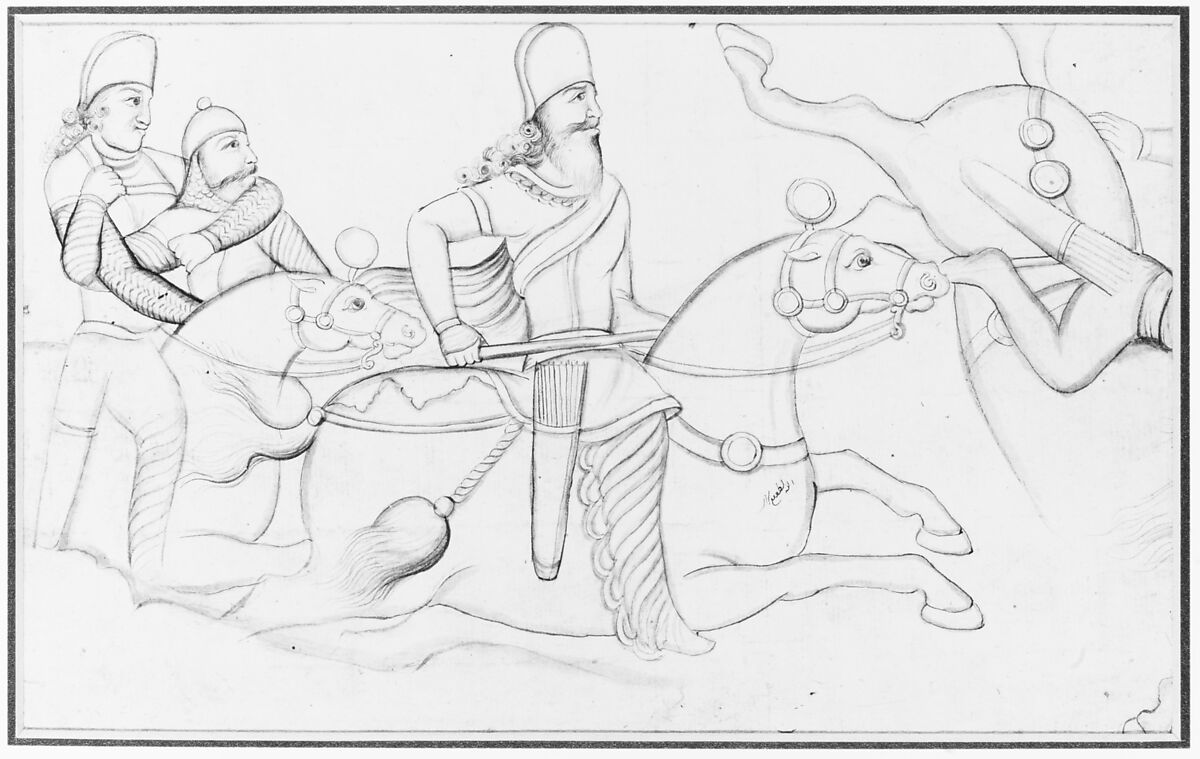 Drawing of Sasanian rock relief: battle of Ardashir I (r. A.D. 224-241) at Firuzabad, southern Iran, Lutf-'Ali Shirazi (Iranian), Paper, ink, Qajar