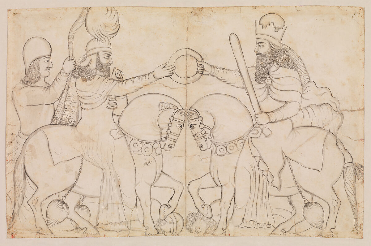 Drawing of Sasanian rock relief: Ardashir I (r. A.D. 224-241) and the Zoroastrian divinity Ohrmazd [Ahura Mazda] at Naqsh-i Rustam, southern Iran, Lutf-&#39;Ali Shirazi (Iranian), Paper, pencil, ink, Qajar 