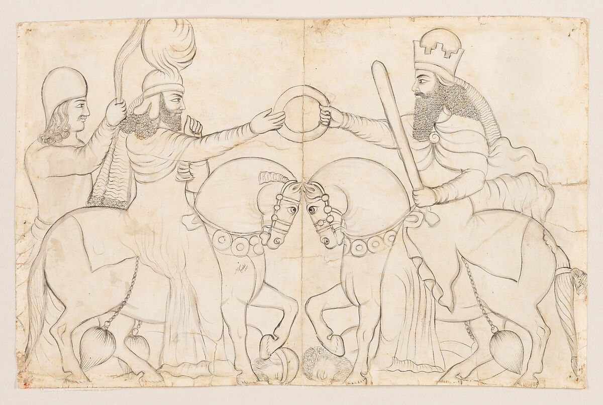 Drawing of Sasanian rock relief: Ardashir I (r. A.D. 224-241) and the Zoroastrian divinity Ohrmazd [Ahura Mazda] at Naqsh-i Rustam, southern Iran, Lutf-'Ali Shirazi (Iranian), Paper, pencil, ink, Qajar