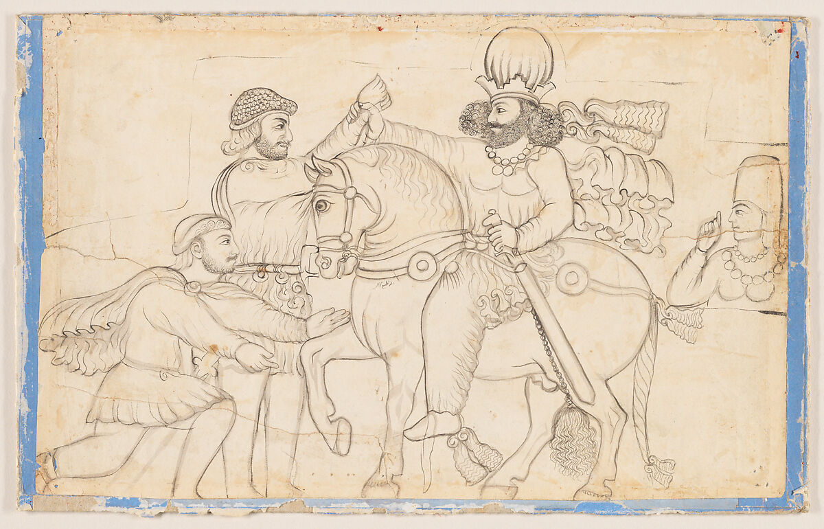 Drawing of Sasanian rock relief: Shapur I (r. A.D. 241-272) and Roman emperor Valerian at Naqsh-i Rustam, southern Iran, Lutf-'Ali Shirazi (Iranian), Paper, ink, Qajar