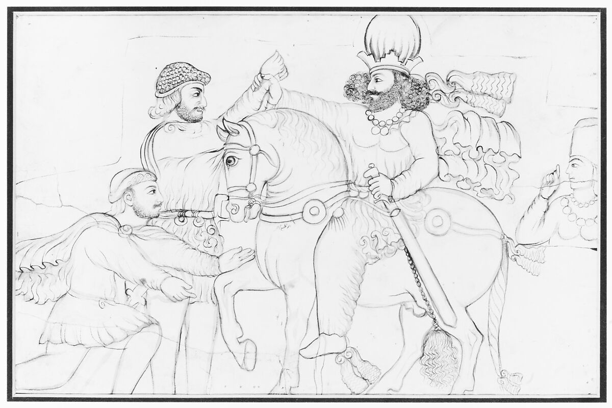 Drawing of Sasanian rock relief: Shapur I (r. A.D. 241-272) and Roman emperor Valerian at Naqsh-i Rustam, southern Iran, Lutf-&#39;Ali Shirazi (Iranian), Paper, ink, Qajar 
