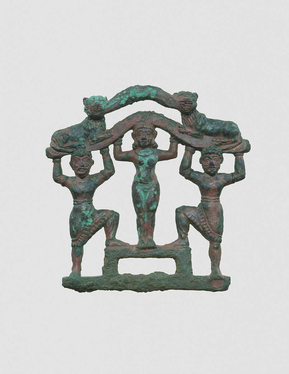 Plaque with a nude female between two bearded males wearing kilts, Bronze, Babylonian 