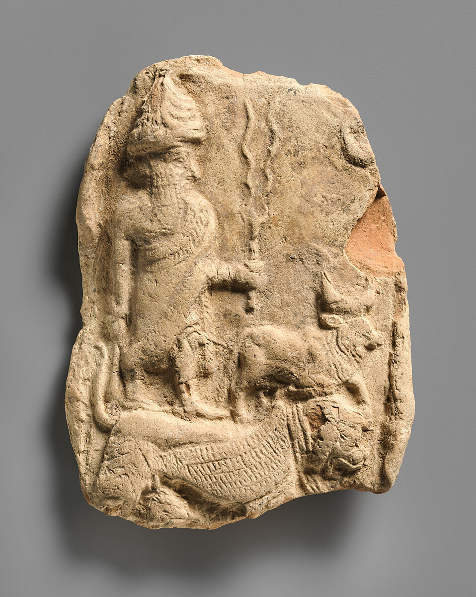 Molded plaque: the weather god Adad and a bull standing on a lion-dragon, Ceramic, Babylonian 