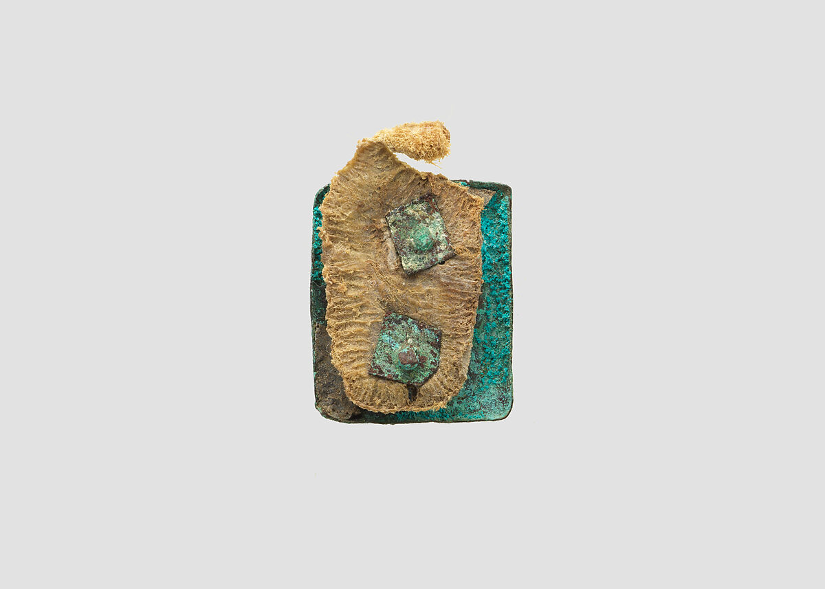 Bronze belt plaque with attached fragment of leather belt, Metal, leather, Alanic