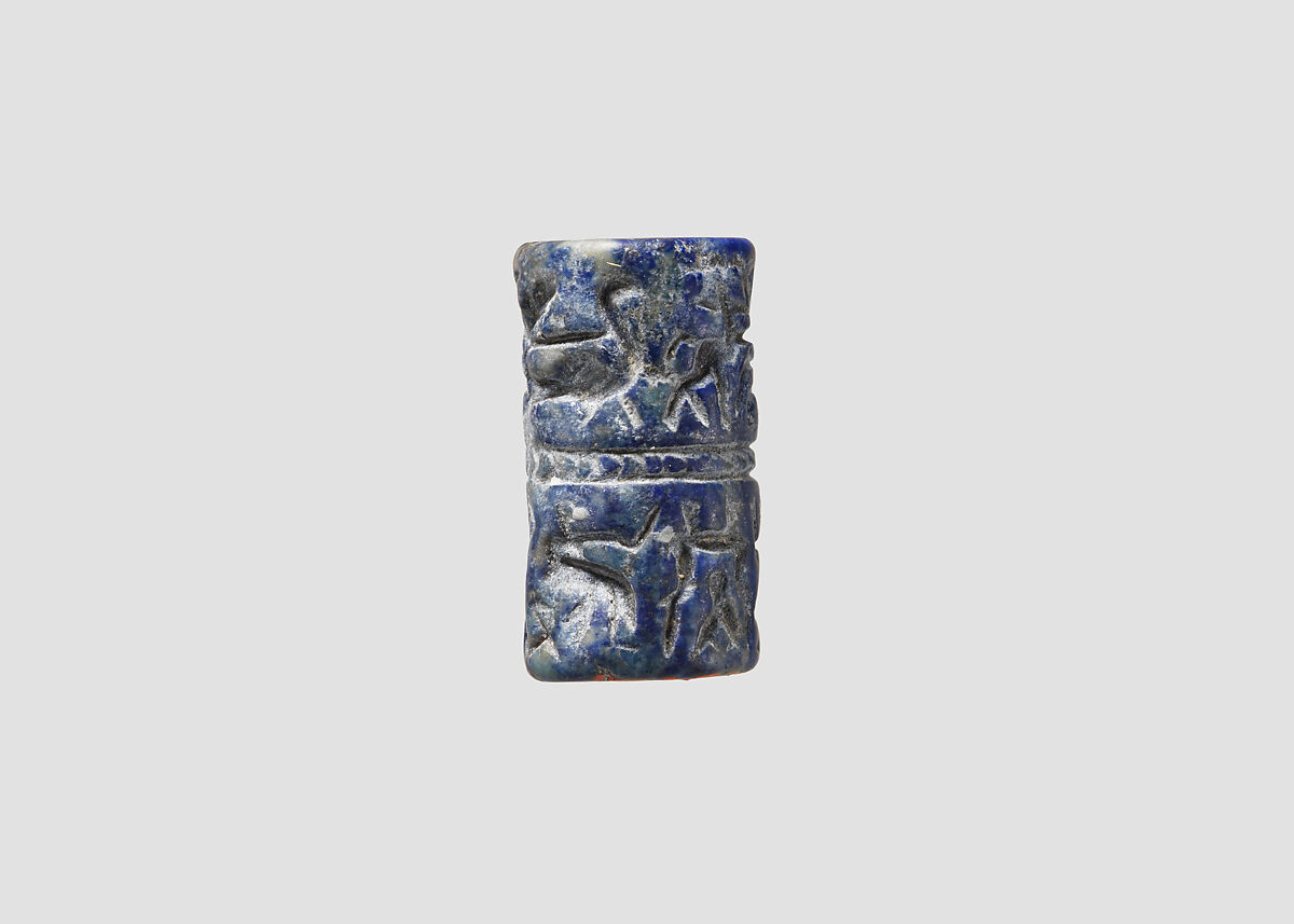 Cylinder seal with animal contest and banquet scene, Lapis lazuli, Sumerian