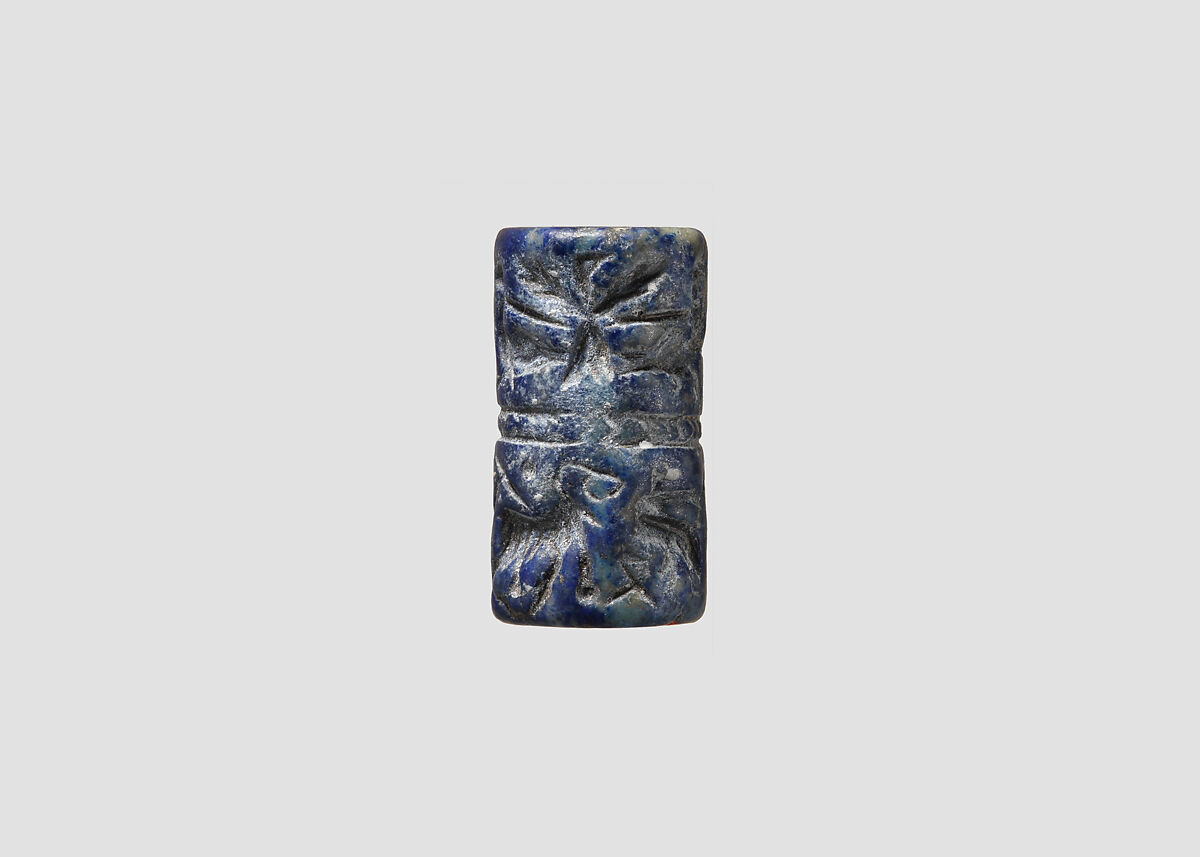 Cylinder seal with animal contest and banquet scene, Lapis lazuli, Sumerian