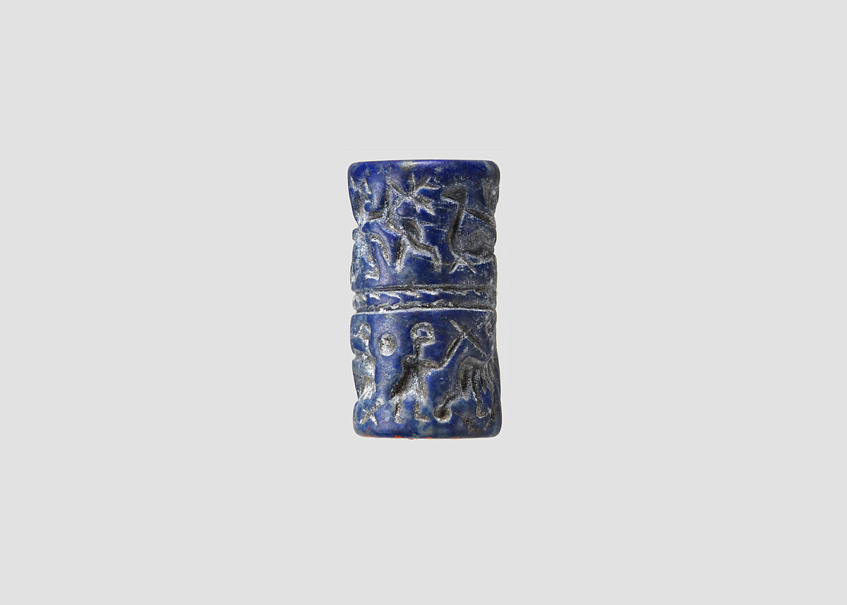Cylinder seal with animal contest and banquet scene, Lapis lazuli, Sumerian