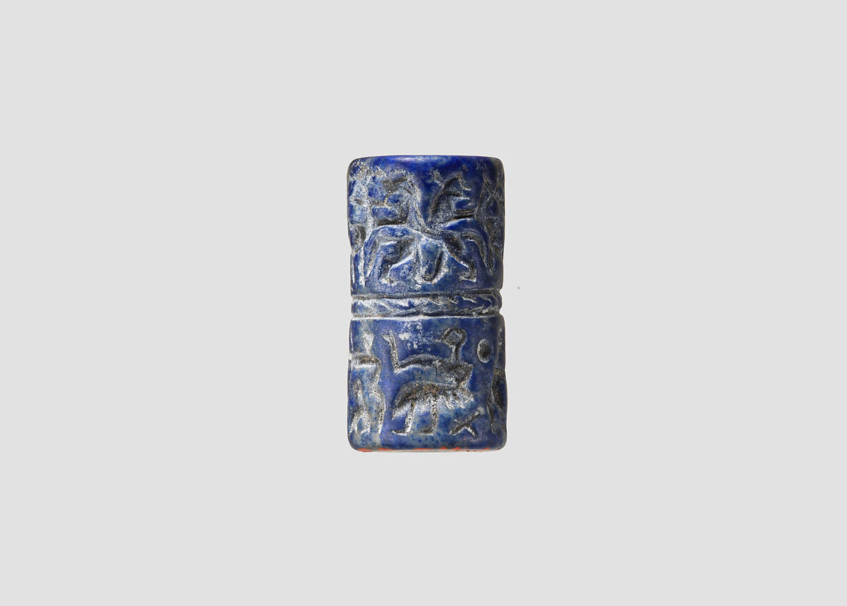 Cylinder seal with animal contest and banquet scene, Lapis lazuli, Sumerian