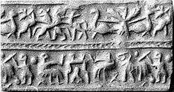 Cylinder seal with animal contest and banquet scene, Lapis lazuli, Sumerian 