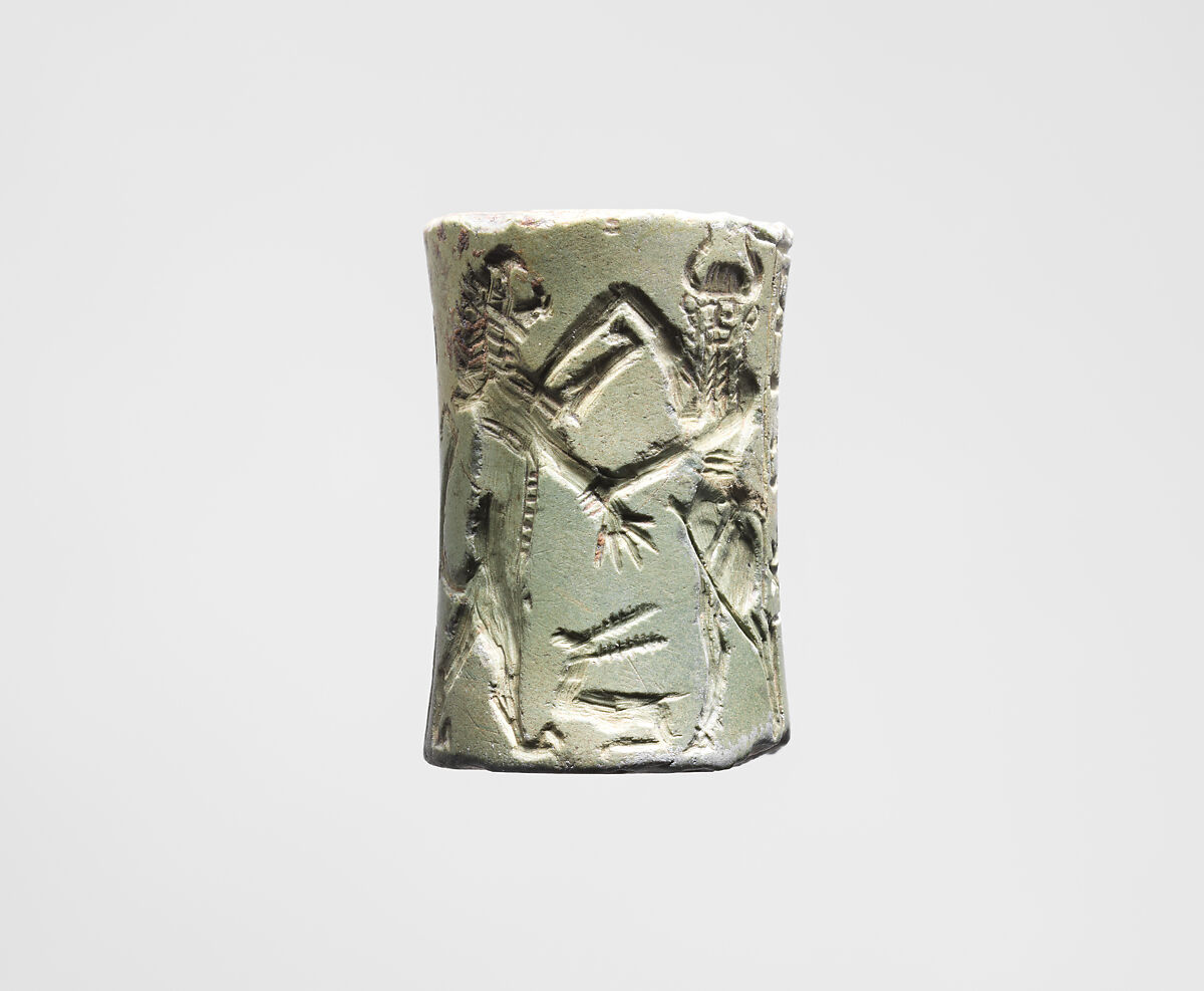 Cylinder seal and modern impression:  bull-man combatting lion; nude hero combatting water buffalo; inscription, Albite, Akkadian