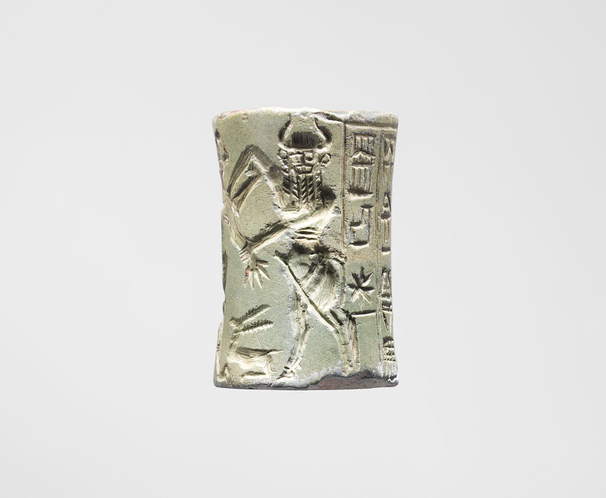 Cylinder seal and modern impression:  bull-man combatting lion; nude hero combatting water buffalo; inscription, Albite, Akkadian