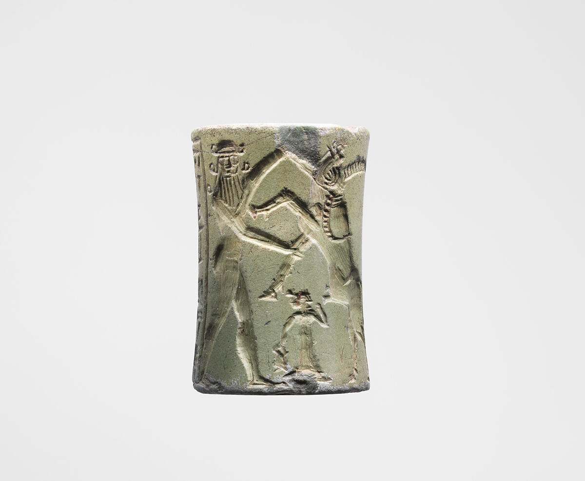 Cylinder seal and modern impression:  bull-man combatting lion; nude hero combatting water buffalo; inscription, Albite, Akkadian