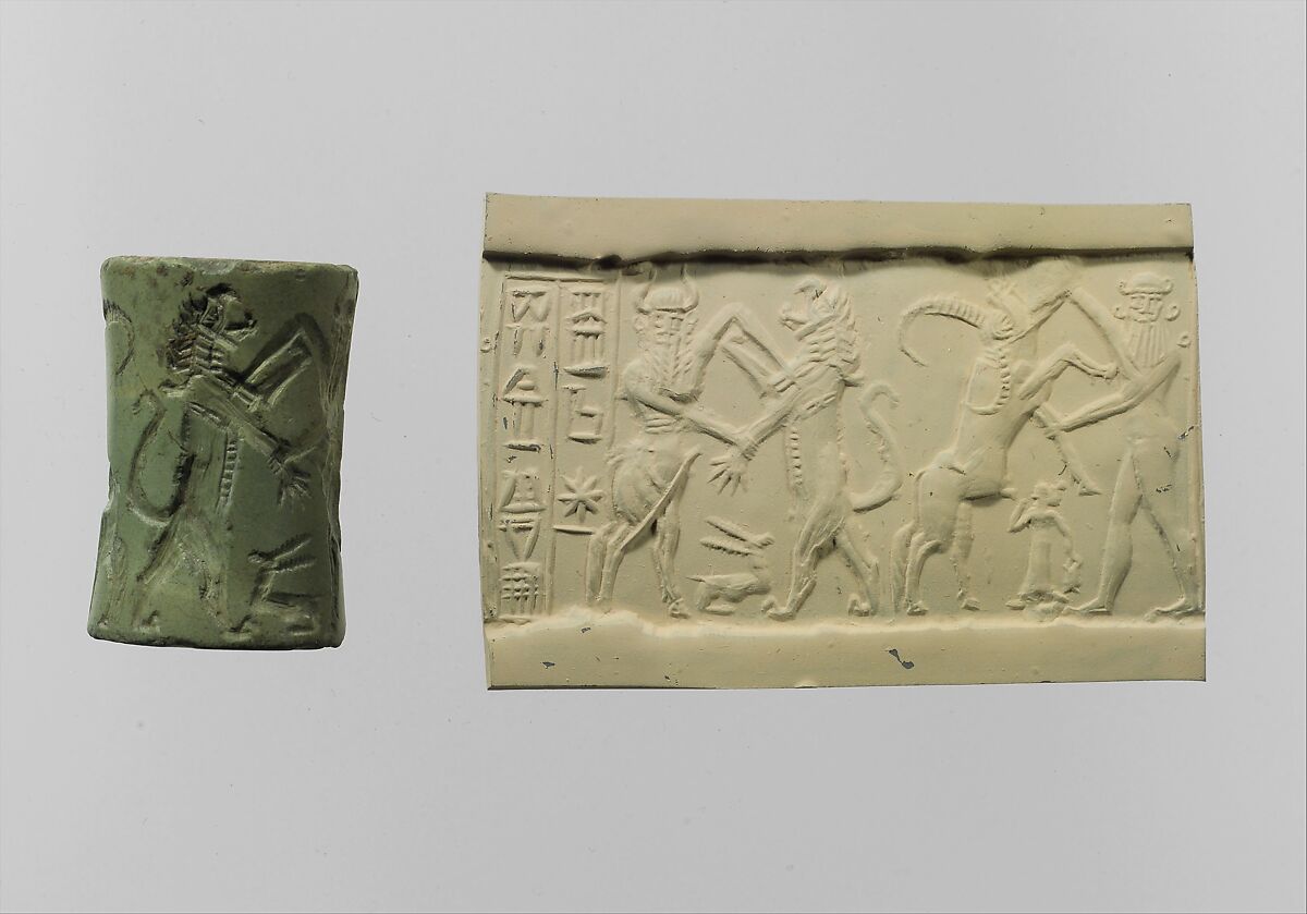 Cylinder seal and modern impression:  bull-man combatting lion; nude hero combatting water buffalo; inscription, Albite, Akkadian 