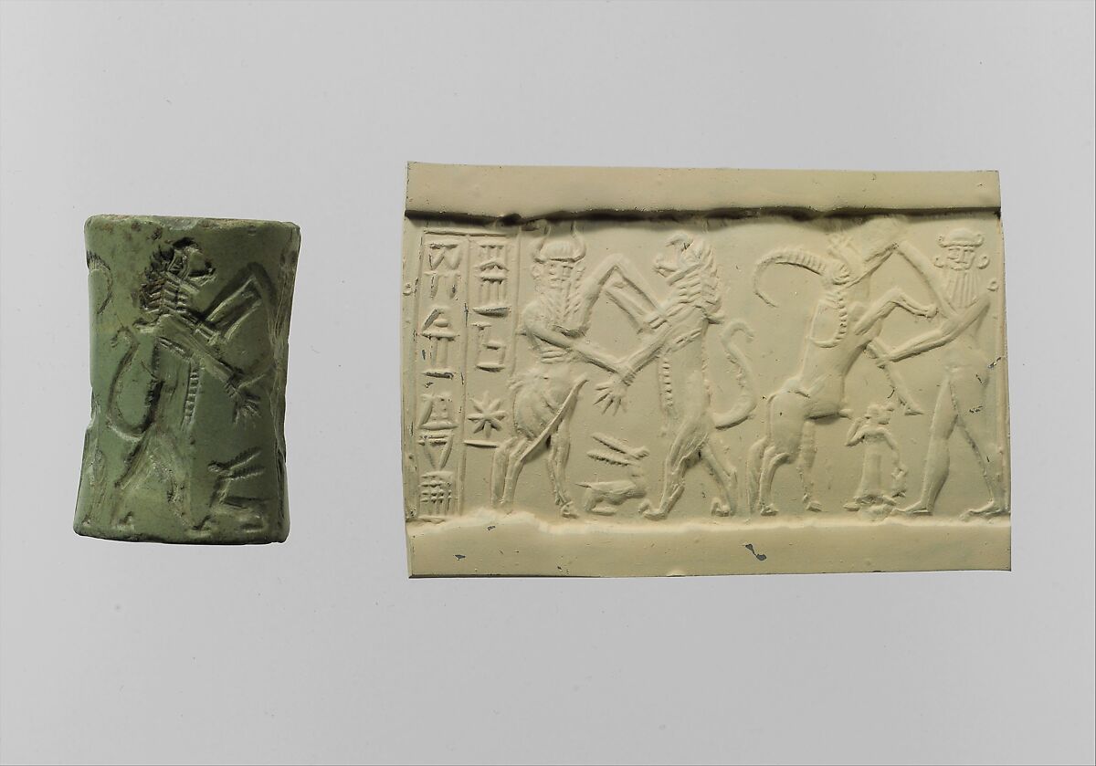 Cylinder seal and modern impression:  bull-man combatting lion; nude hero combatting water buffalo; inscription